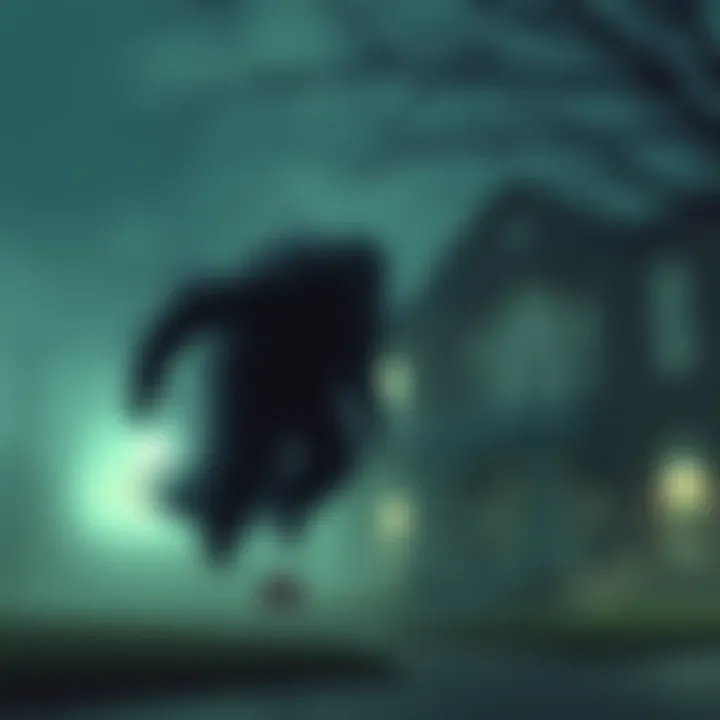 A faceless, robotic-like entity gliding near Salem High School, with a haunting atmosphere