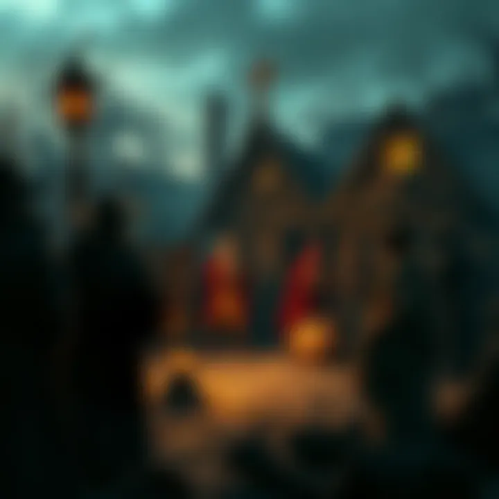 A depiction of 17th-century Salem, showing villagers gathered, discussing the witch trials with a somber atmosphere.