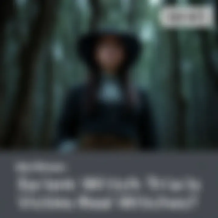 A colonial woman looking distressed in a shadowy forest, symbolizing the Salem Witch Trials