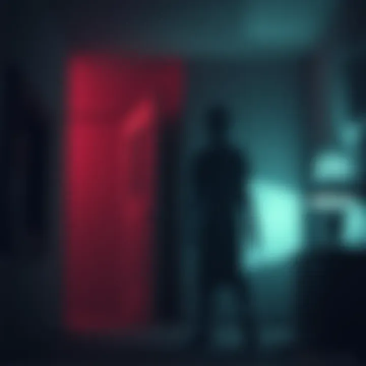 A shadowy figure representing the spirit of Sallie in a dimly lit room, evoking a sense of haunting presence near a frightened individual named Sam.