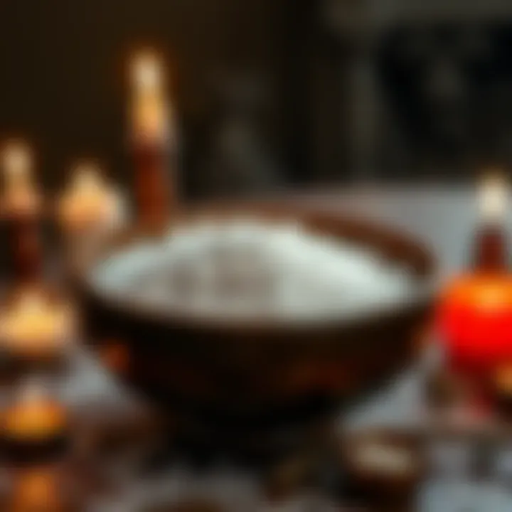 Salt in a Ritual Bowl A bowl filled with different types of salt placed on a table, surrounded by candles and herbs, symbolizing a protective ritual against bad spirits.