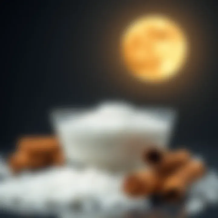 A bowl of sea salt and cinnamon placed under the bright light of a full moon, showcasing the lunar energy effect.