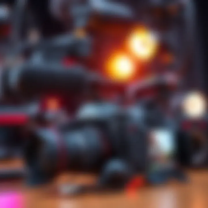 Sam and Colby's camera setup Close-up of cameras, microphones, and lights used by Sam and Colby during their filming activities.