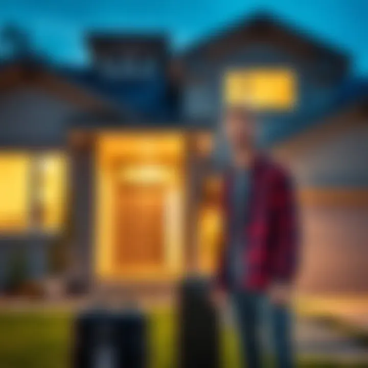 Sam and Colby standing together in casual clothes, smiling outside their modern house