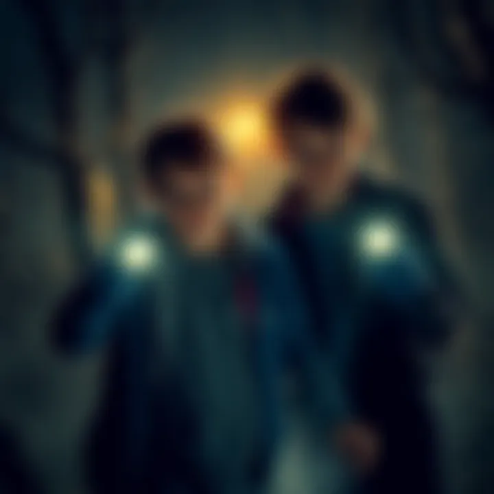 Sam and Colby in a dark setting Sam and Colby exploring a spooky location at night, with flashlights illuminating their surroundings.