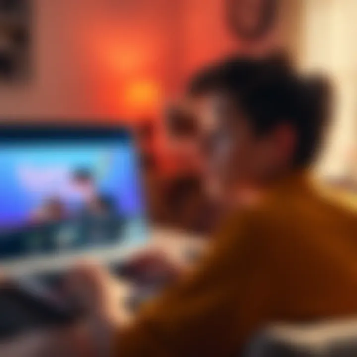 A person watching a video on a laptop, looking thoughtful about whether to continue. The laptop shows the Sam and Colby logo on the screen.