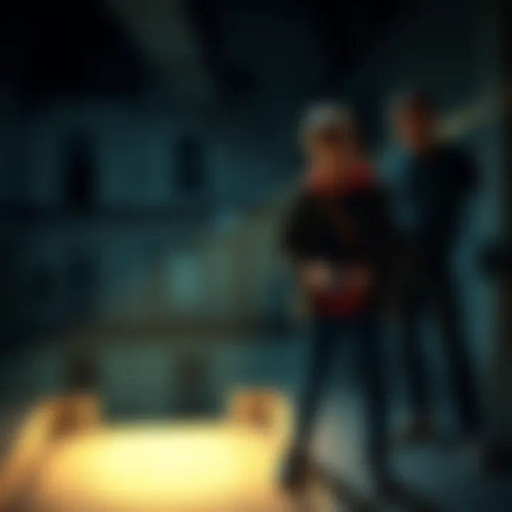 Sam and Colby exploring an abandoned building at night, with flashlights illuminating dark corners