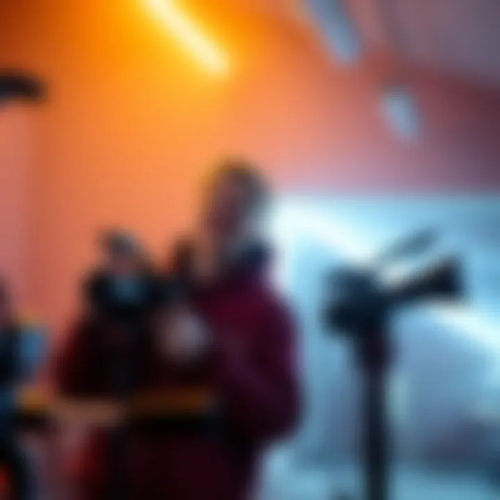 Sam and Colby in a dimly lit location, holding cameras and looking excited, showcasing their video-making process