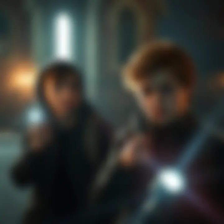 Sam and Colby exploring a haunted location, with flashlights and an old building in the background.