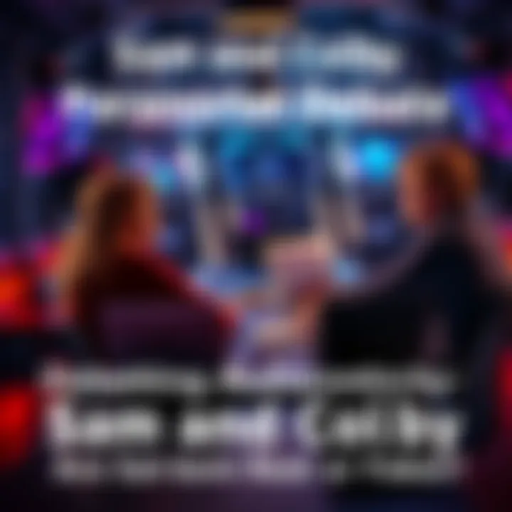 Two people discussing the authenticity of Sam and Colby's paranormal experiences at a table with laptops and notepads.