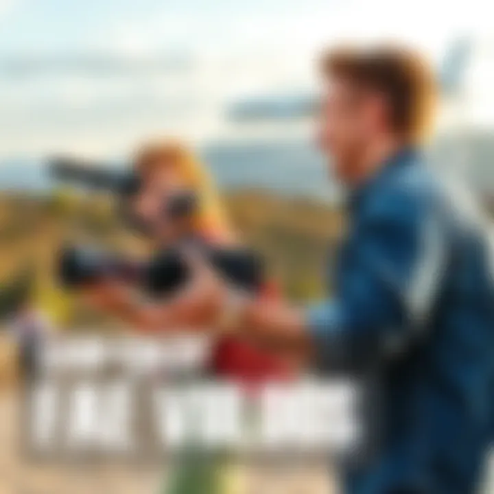 Sam and Colby setting up their camera for a video shoot outdoors, looking excited and engaged, with a scenic background