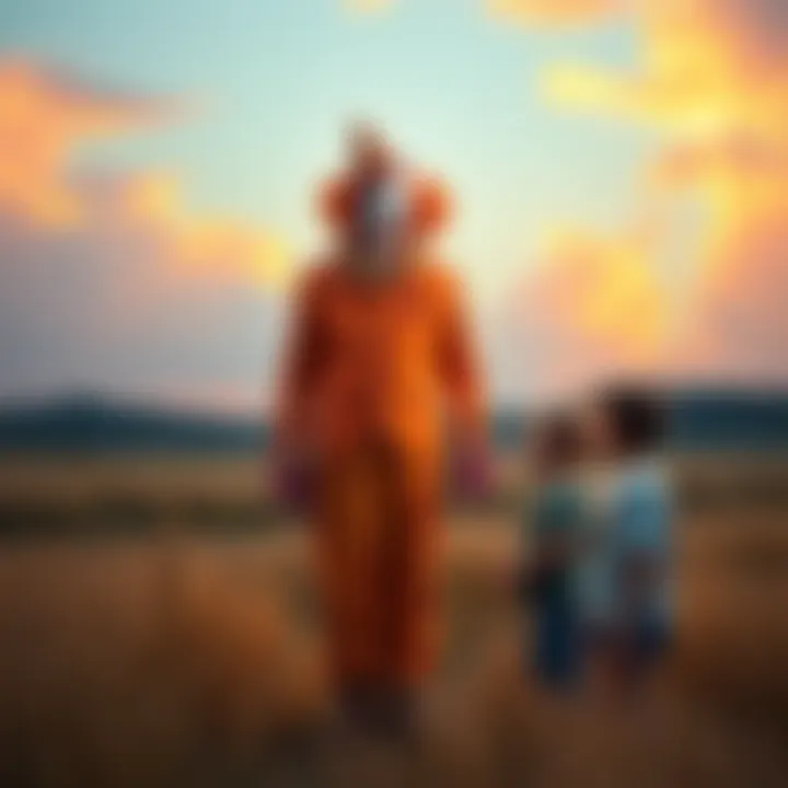 Sam the Clown in a colorful costume A tall, colorful clown figure named Sam with a bright outfit and a friendly expression, standing in a field with two surprised children looking at him. The scene suggests a whimsical encounter under a...
