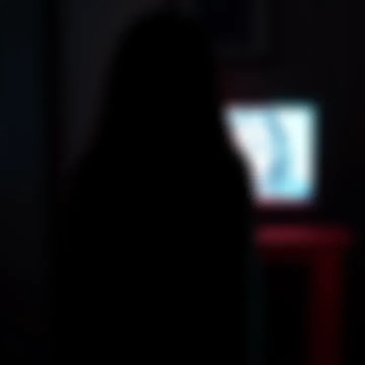 Samara standing in a dark room, her long black hair covering her face, surrounded by a glowing television screen showing static, representing her trauma