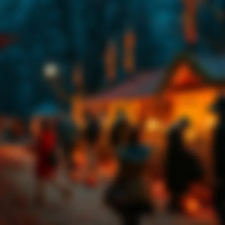 People celebrating Samhain with pumpkins, candles, and fall decorations at night.