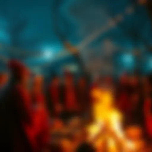 A group of people gathering around a bonfire, sharing traditional foods, and wearing festive costumes in a community celebration for Samhain.