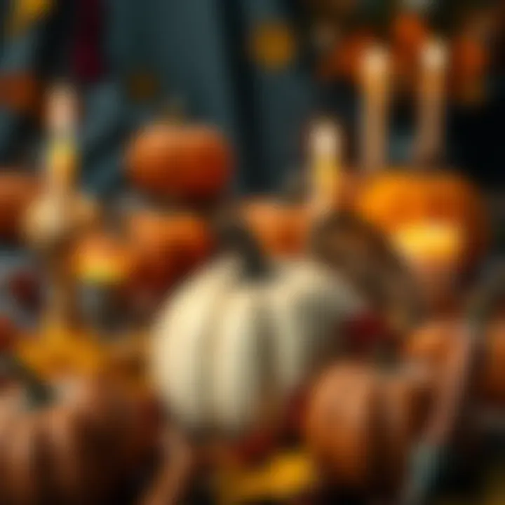 Samhain Celebration with Candles and Pumpkins A peaceful Samhain scene showing carved pumpkins and lit candles surrounded by autumn leaves.