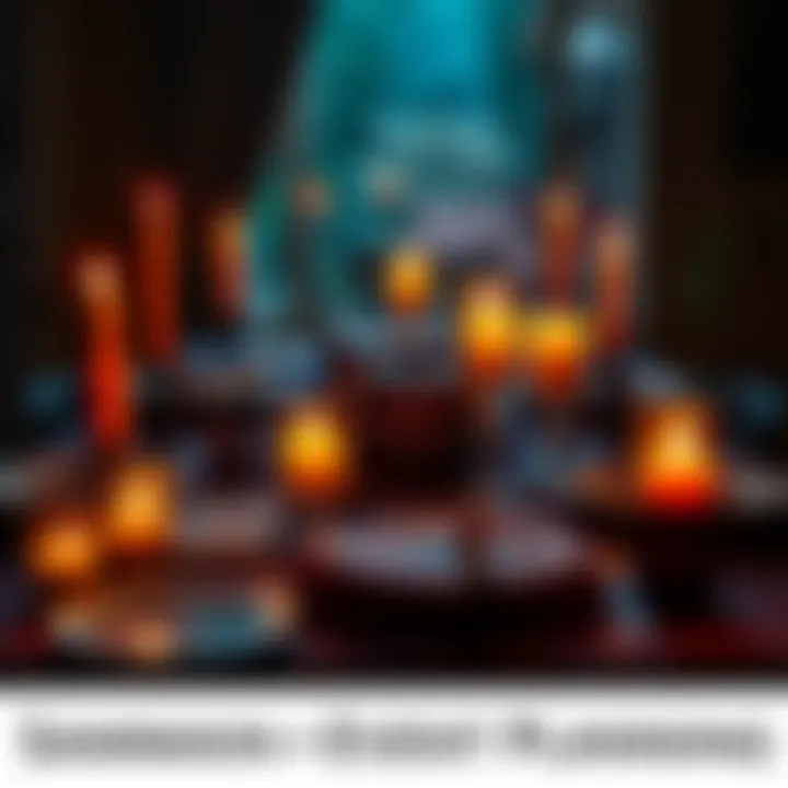 A table set for a Samhain celebration featuring candles, tarot cards, and a vegan meal with foraged herbs.
