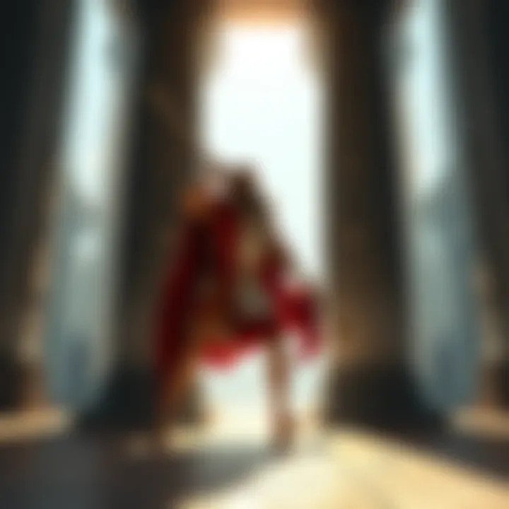 Samson, strong and determined, pushes down two massive pillars in a grand building, symbolizing sacrifice and unity in faith.