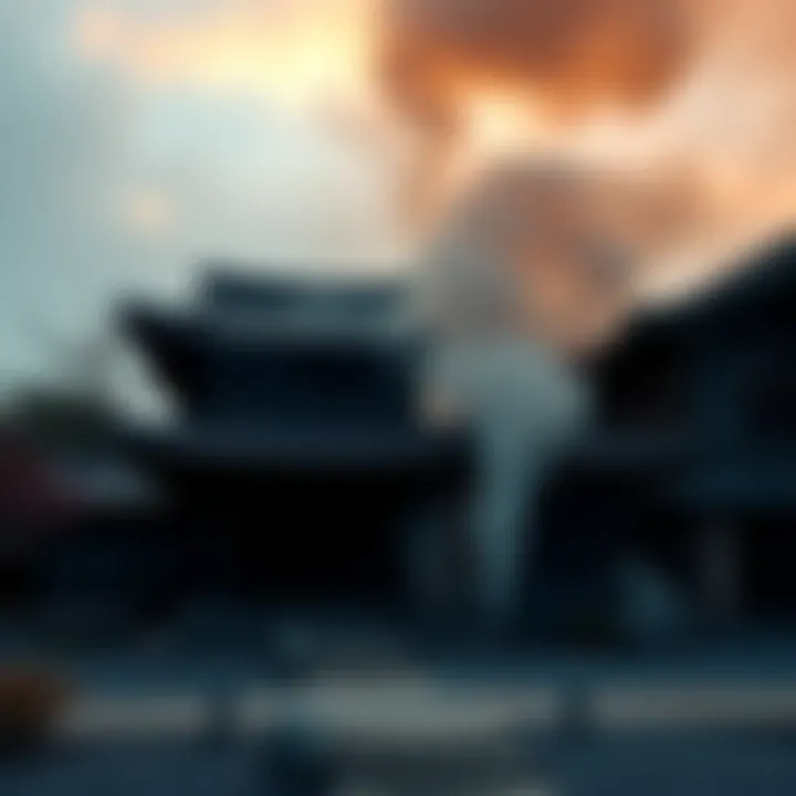 The remains of the burned Zendo at the San Francisco Zen Center with smoke rising.