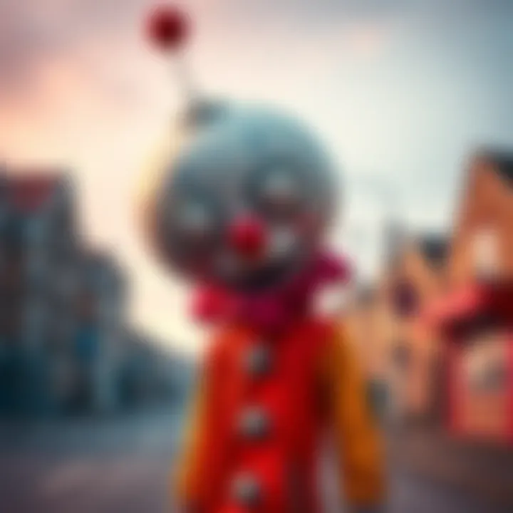 A strange being with a round face, triangle eyes, and an oval mouth, resembling a mix of a robot, alien, and clown, stands in a curious pose in Sandown, Isle of Wight.