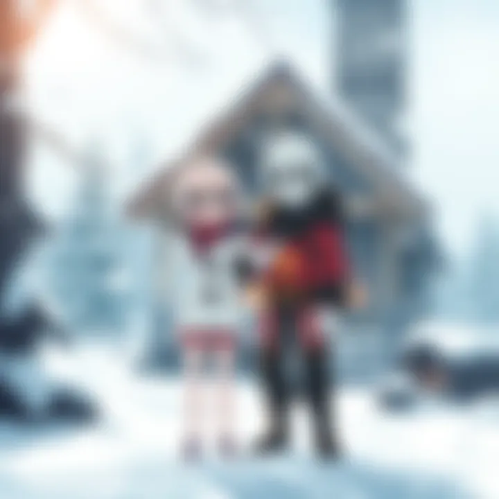 Characters Sans and Papyrus in Snowdin Sans and Papyrus standing together in the snowy landscape of Snowdin, with snowflakes falling around them and a cozy cabin in the background