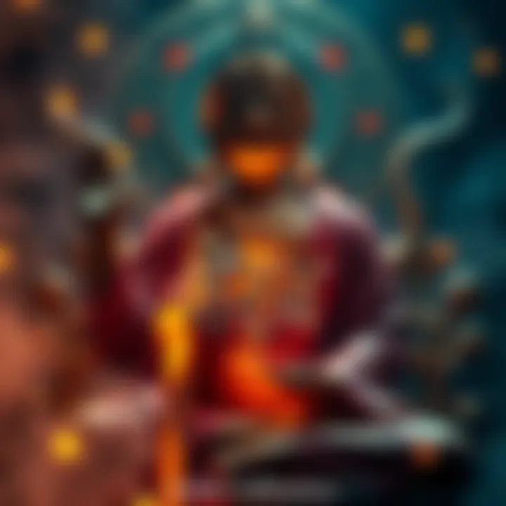 A close-up view of the Sanskrit script of the Great Compassion Dharani mantra, with mystical imagery of Avalokiteshvara Bodhisattva in the background.