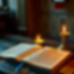 A table with open Sanskrit texts and a lit candle, symbolizing the study of Eastern philosophy