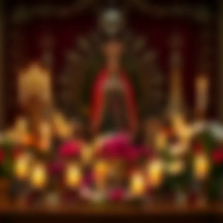 A decorated altar featuring Santa Muerte with candles, flowers, and offerings, symbolizing faith and healing.