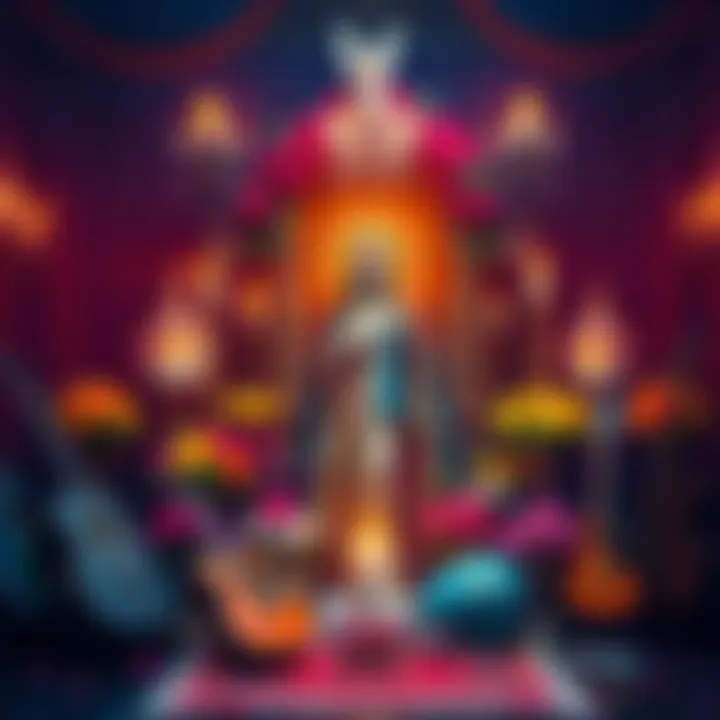 A colorful altar adorned with candles, flowers, and statues representing Santa Muerte, surrounded by musical instruments.
