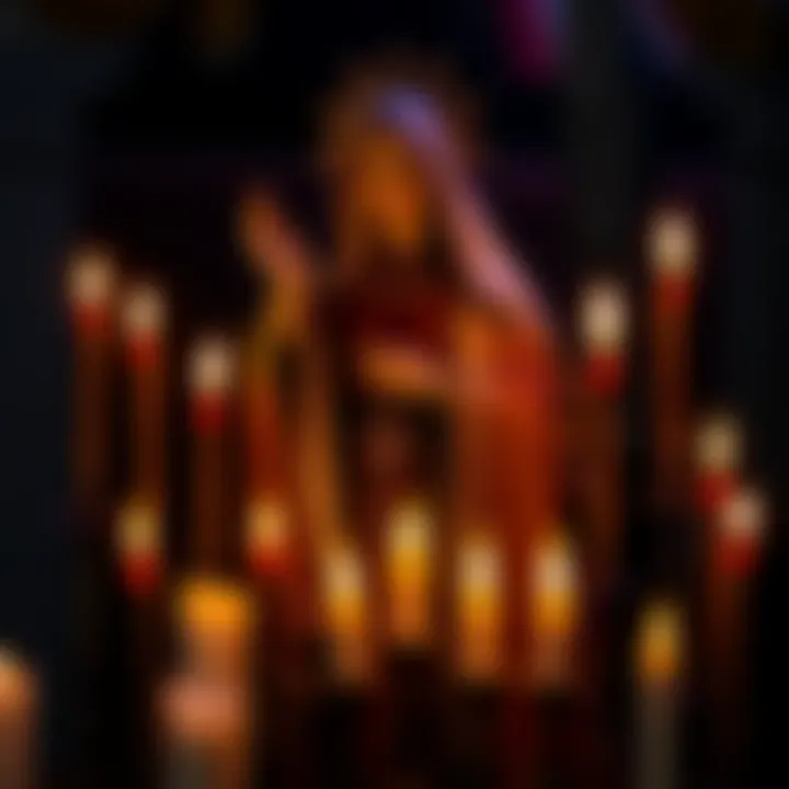 A statue of Santa Muerte surrounded by lit candles, symbolizing hope and guidance in recovery from substance abuse.