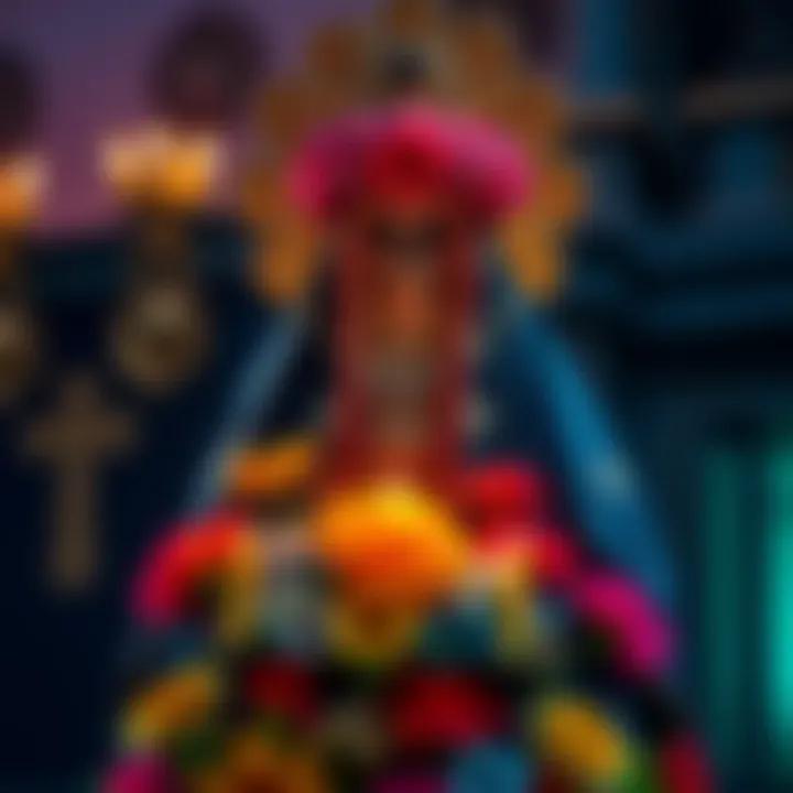 A colorful statue of Santa Muerte adorned with flowers and candles, symbolizing devotion and cultural significance.