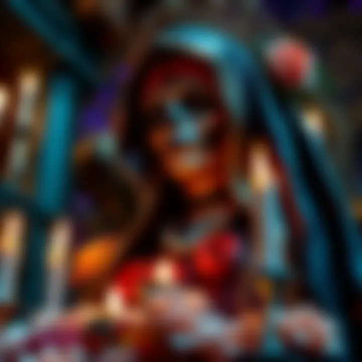 Santa Muerte Figure A close-up of a Santa Muerte statue, adorned with flowers and candles, representing themes of life and death in a cultural setting.