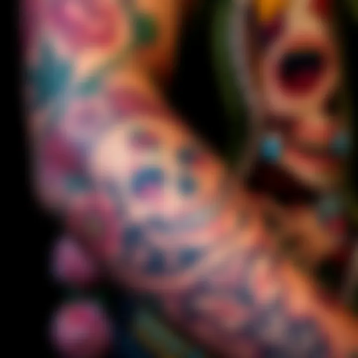 A close-up of a Santa Muerte tattoo on a person's forearm, featuring intricate details like flowers and skulls, showing cultural significance.