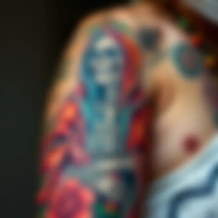 Close up of a colorful Santa Muerte tattoo on a person's arm, showing detailed imagery of the skeletal figure draped in robes
