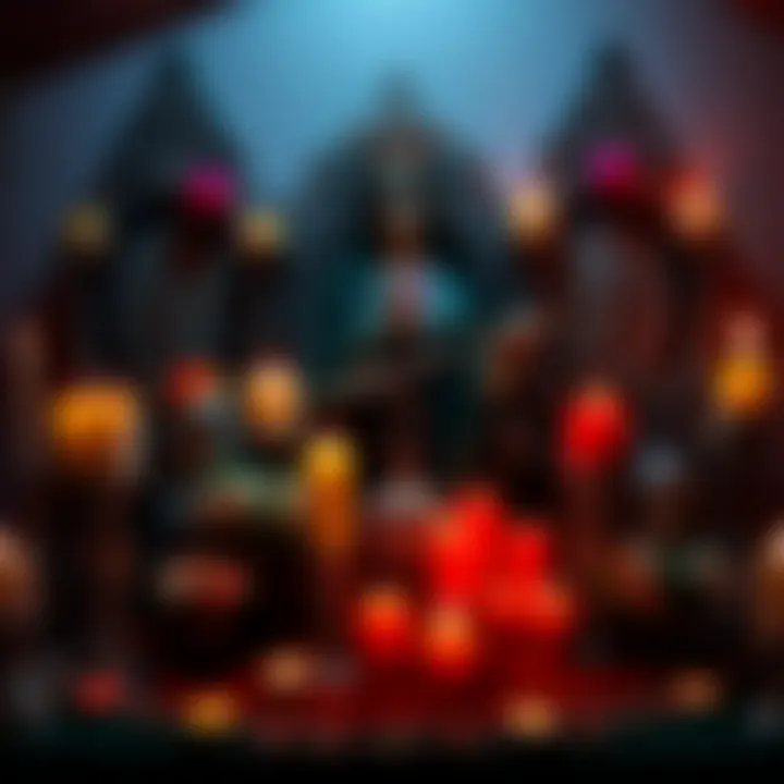 Various colorful altars dedicated to Santa Muerte with candles and flowers, showcasing personal devotion and spiritual connection.