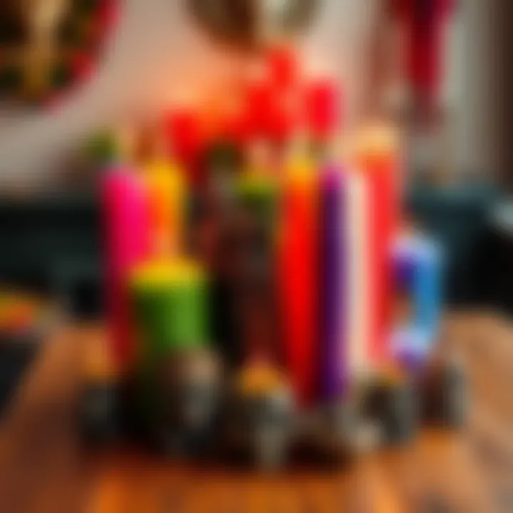 A variety of colorful Santa Muerte candles arranged on a wooden table, showcasing their distinct colors and designs, ready for spiritual use.