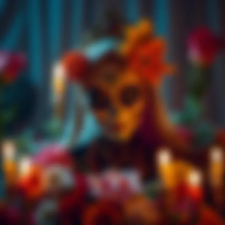 Santa Muerte figure adorned with colorful Day of the Dead makeup, surrounded by flowers and candles