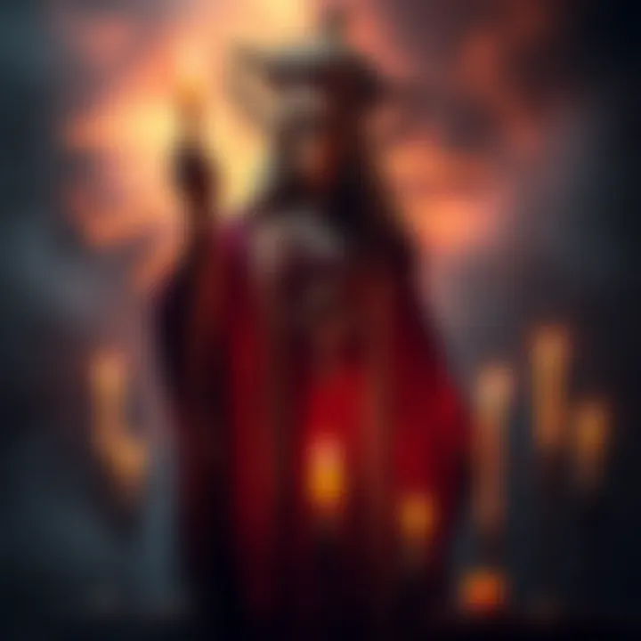 A figure representing Santa Muerte, dressed in traditional attire, surrounded by candles and symbols of protection, in a dreamlike setting.