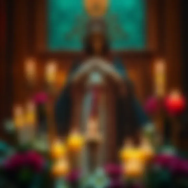 A figure of Santa Muerte dressed in traditional robes, surrounded by candles and flowers, symbolizing spiritual connection and guidance.