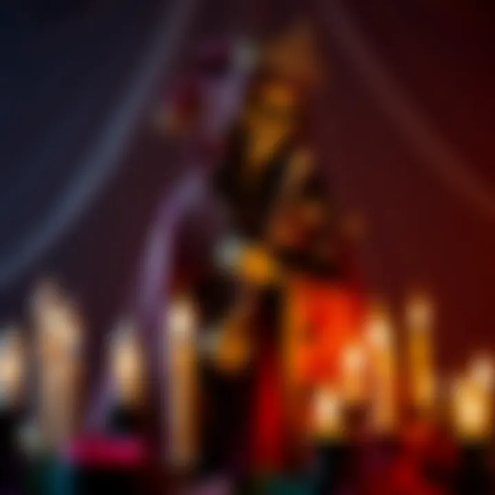 A Santa Muerte statue with a skeletal appearance, draped in colorful robes and surrounded by flickering candles, symbolizing comfort in dark times.