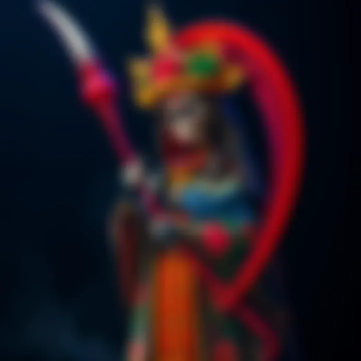 A Santa Muerte figure holding a scythe, adorned with vibrant colors and symbols, representing the various aspects of devotion.