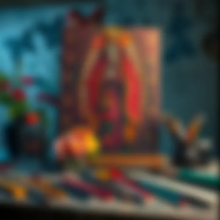 A colorful painting of Santa Muerte featuring floral decorations, symbolizing love and belief, placed on a table with art supplies around it.