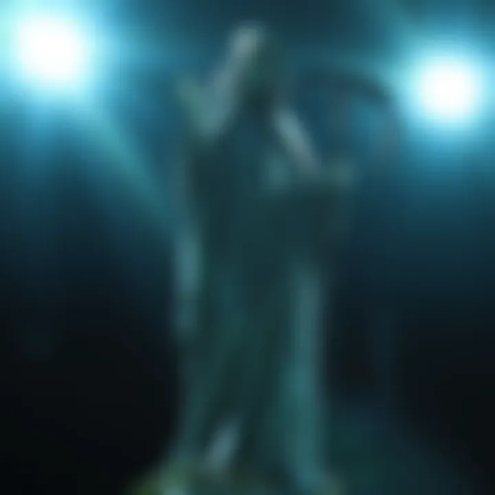A Santa Muerte statue stands in dim light, appearing to shift slightly. The statue has a skull head and a long robe, holding a scythe in one hand.