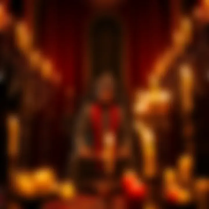 A Santero/a in traditional attire conducts a ritual, surrounded by candles and symbols, while asking a seeker for their name.