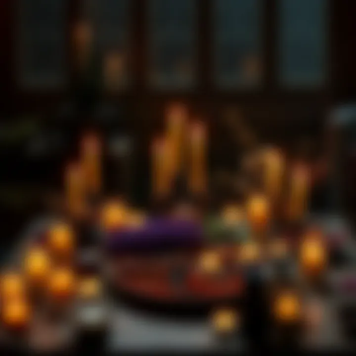 A table adorned with candles, herbs, and spiritual symbols used in a Santeria ritual for seeking guidance or revenge
