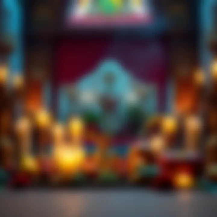 A colorful Santeria altar with candles, fruits, and religious symbols arranged for a ritual
