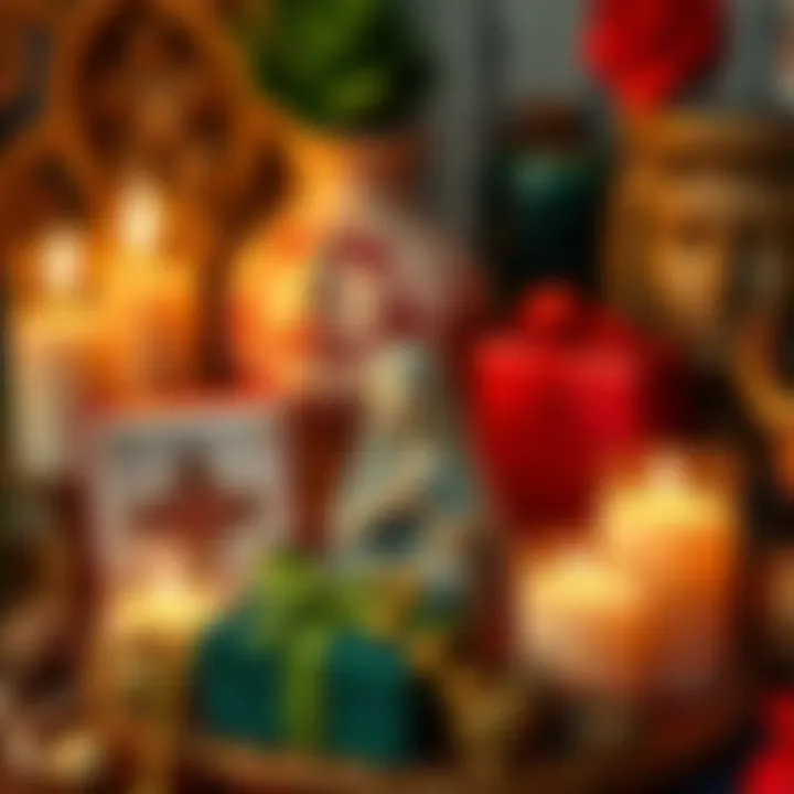 A collection of thoughtful birthday gifts including a small statue, candles, and decorative items honoring Santeria beliefs