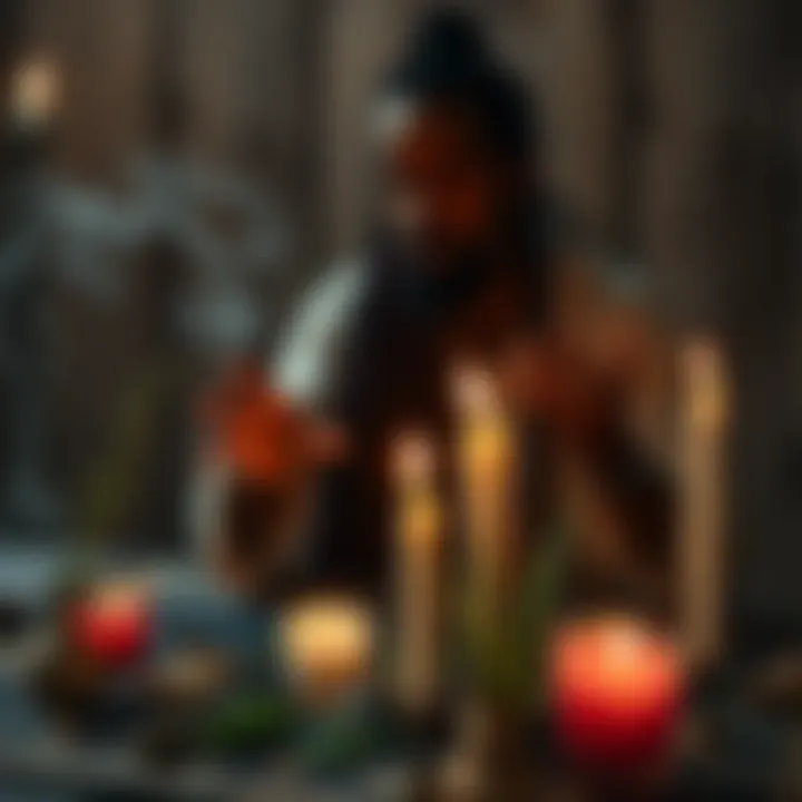 Santeria Healing Ritual A Santeria practitioner performing a healing ritual with herbs and candles to support physical wellness.
