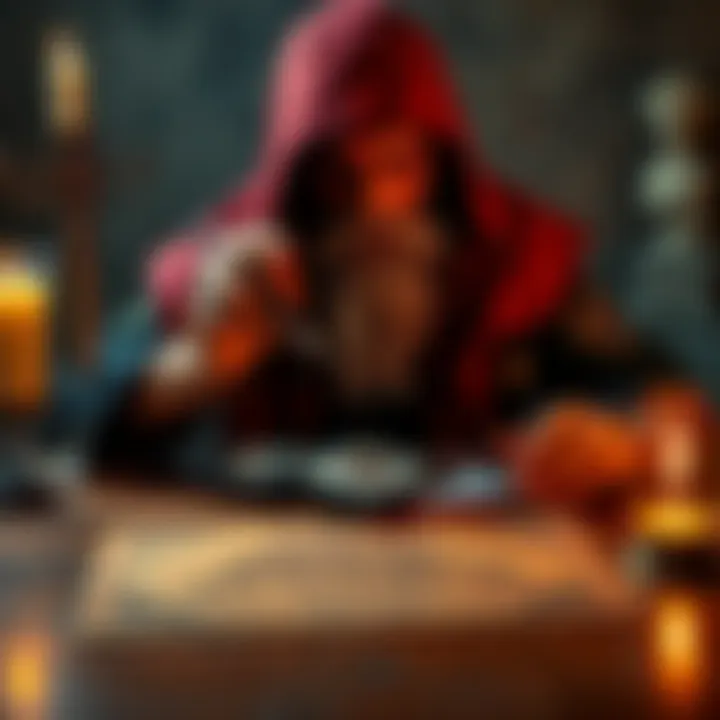 A santero examines tarot cards and a ouija board on a table, contemplating their use in spiritual practices.