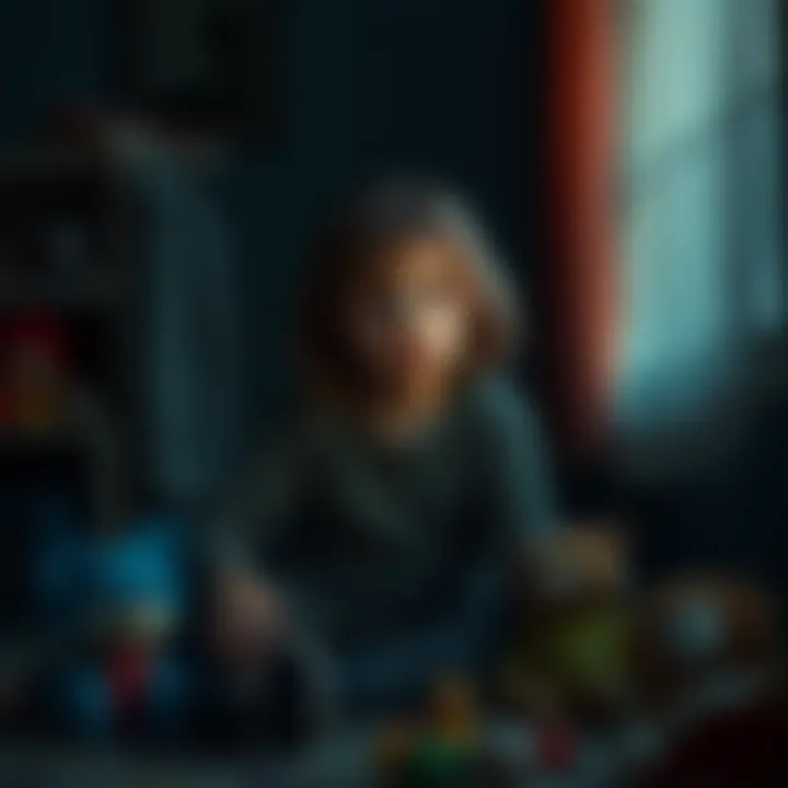 A young girl sits in a dimly lit room surrounded by toys, looking thoughtful and concerned as shadows loom, hinting at a haunting presence behind her, representing her memories of Greenpine camp.